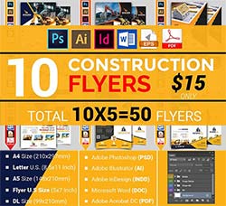 10个工程类施工传单模板合集(均含PSD/INDD/AI/EPS/DOCX/PDF格式)：10 Construction Flyer 